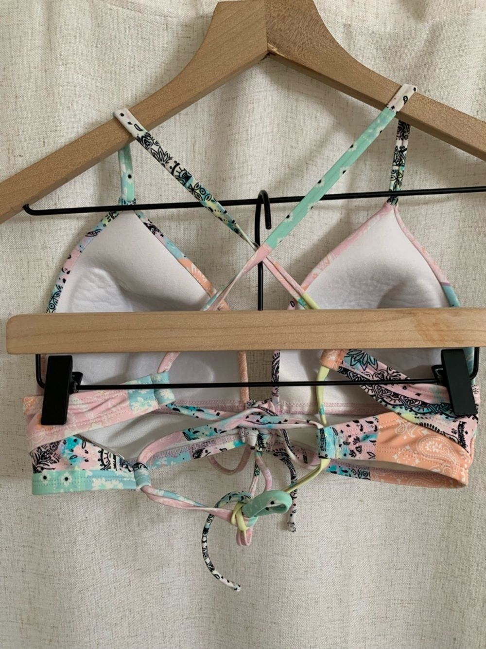 Salt + Cove Pastel Patchwork Push Up Tie Front Swim Top Pink Aqua Midkini D/DD - Picture 4 of 7